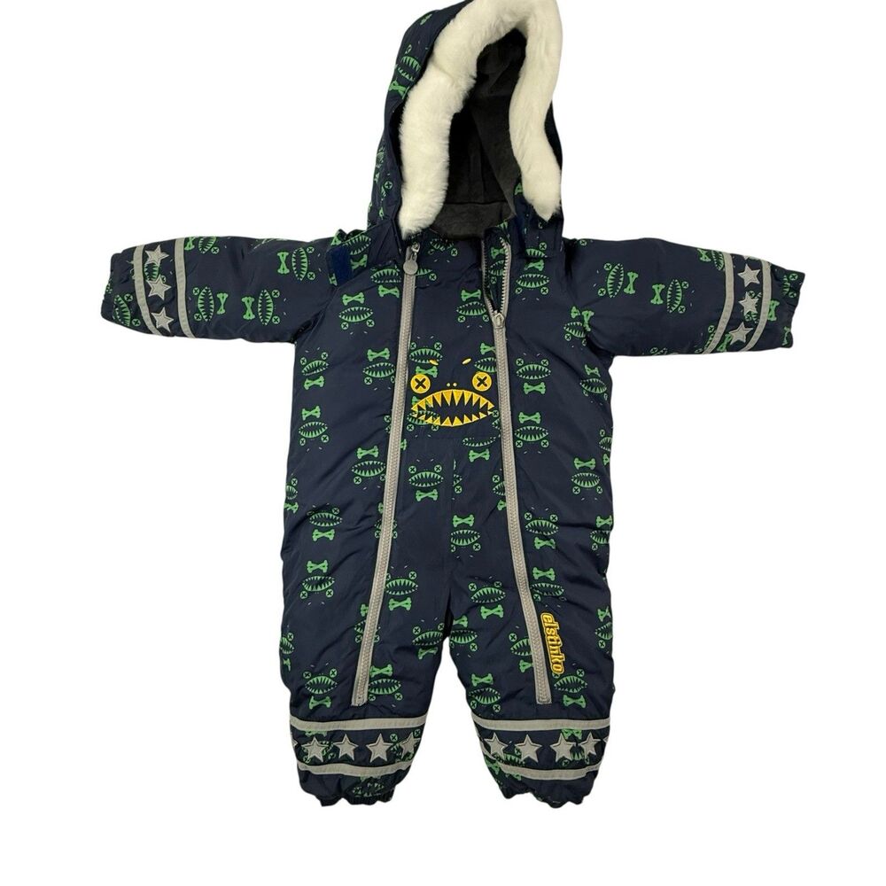 Elstinko Kids Snowsuit Baby 18M Blue Hooded Embroidered Fur Hood Jacket Winter
